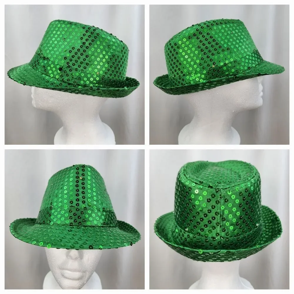 🔺️NWOT Green Sequined Light-Up Fedora Hat - Picture 2 of 8